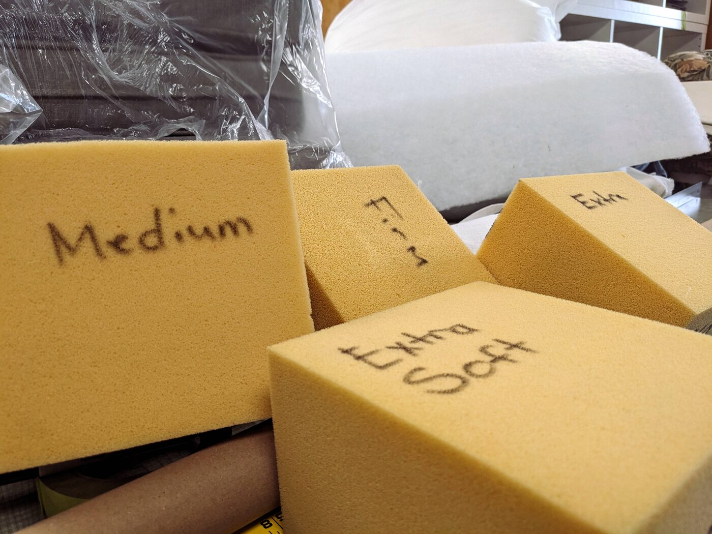 Stacks of premium upholstery foam blocks, cut and ready